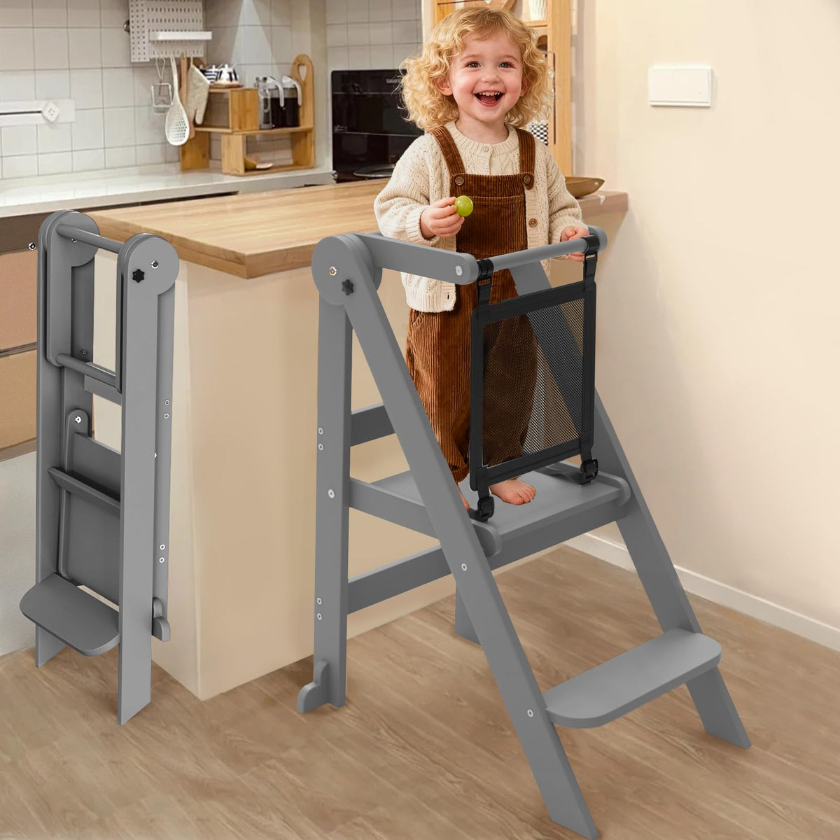 Doerpuz foldable toddler tower folded for space-saving storage