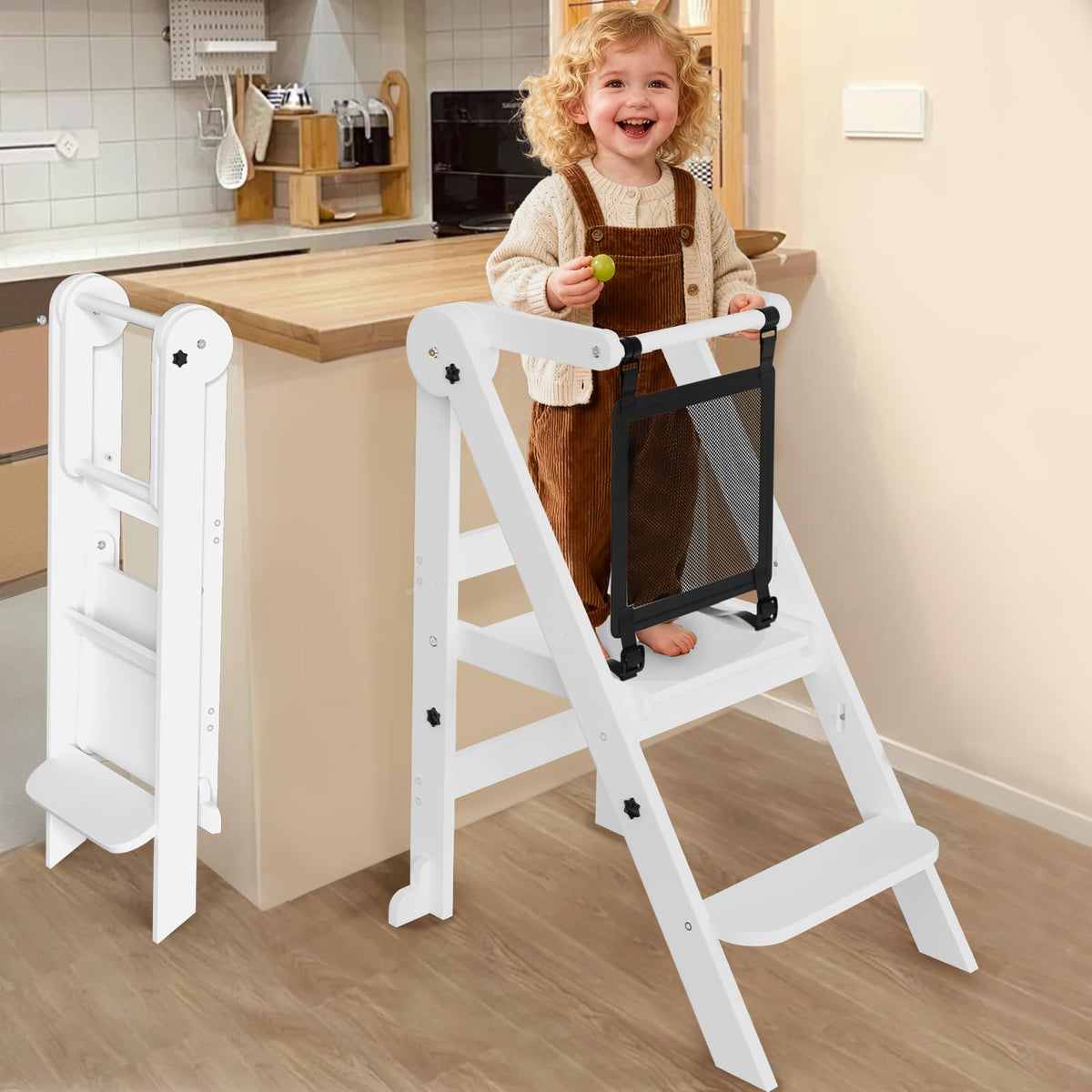 Doerpuz foldable toddler tower folded for space-saving storage and quick setup.