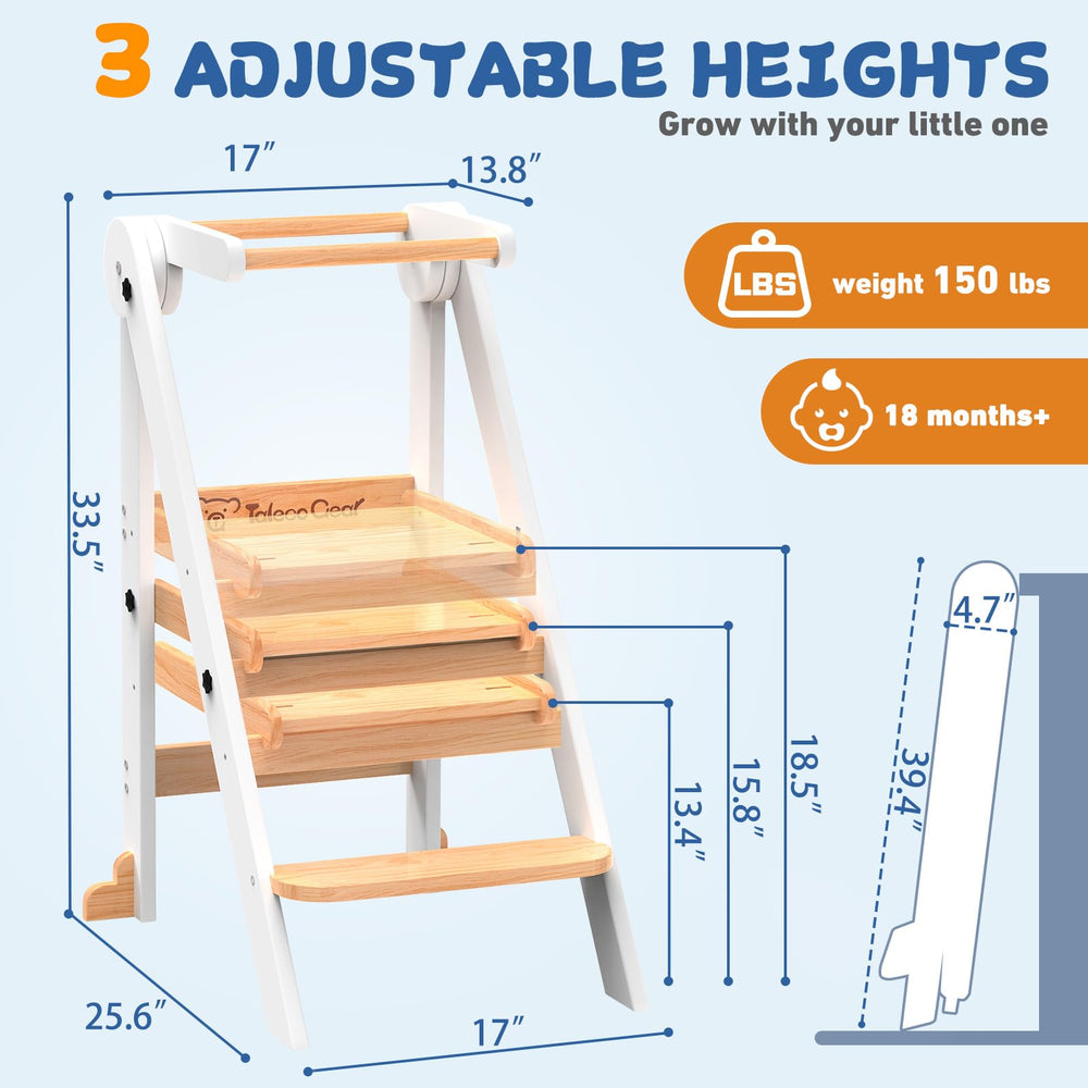 Doerpuz foldable toddler tower in-bathroom scene highlights versatile helper for routines.