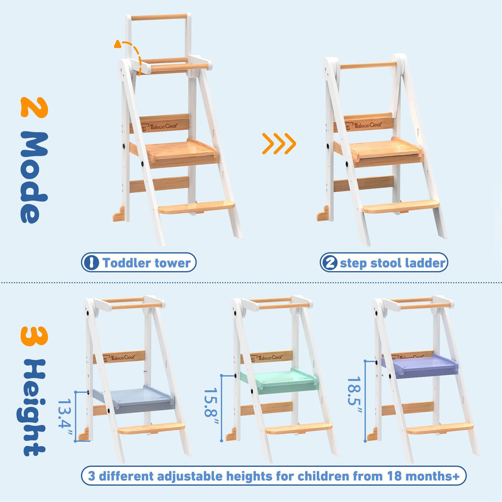 Doerpuz foldable toddler tower in-kitchen setup illustrates practical learning hub.