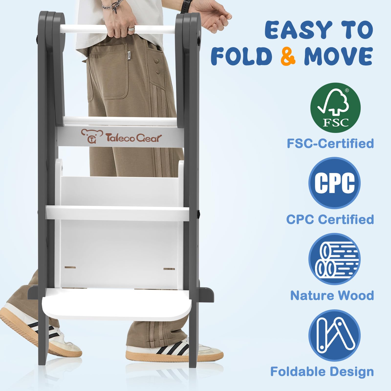 Doerpuz foldable toddler tower safety net demonstrates fall protection during tasks.