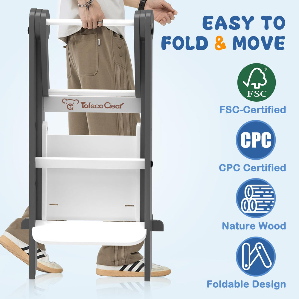 Doerpuz foldable toddler tower safety net demonstrates fall protection during tasks.