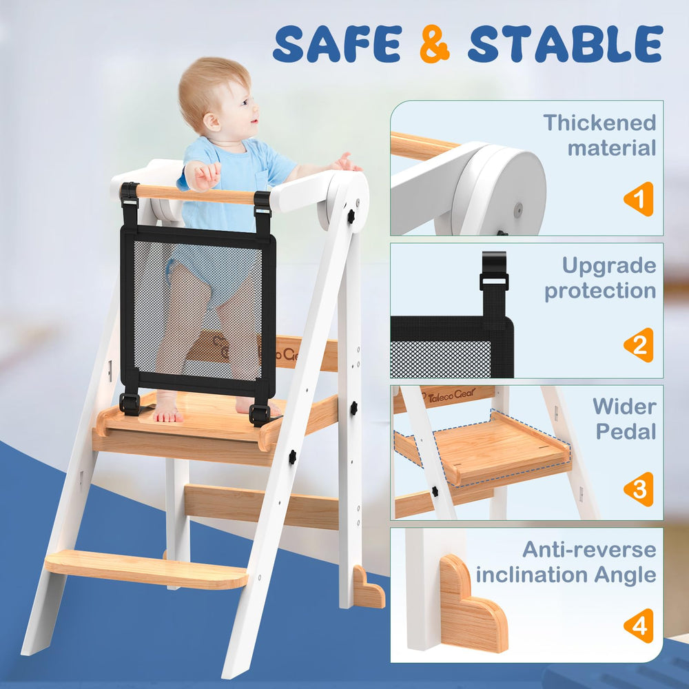 Doerpuz foldable toddler tower safety-net close-up emphasizes fall protection.
