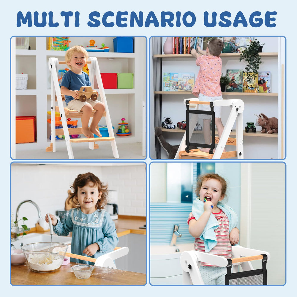 Doerpuz foldable toddler tower wood-detail captures quality craftsmanship.