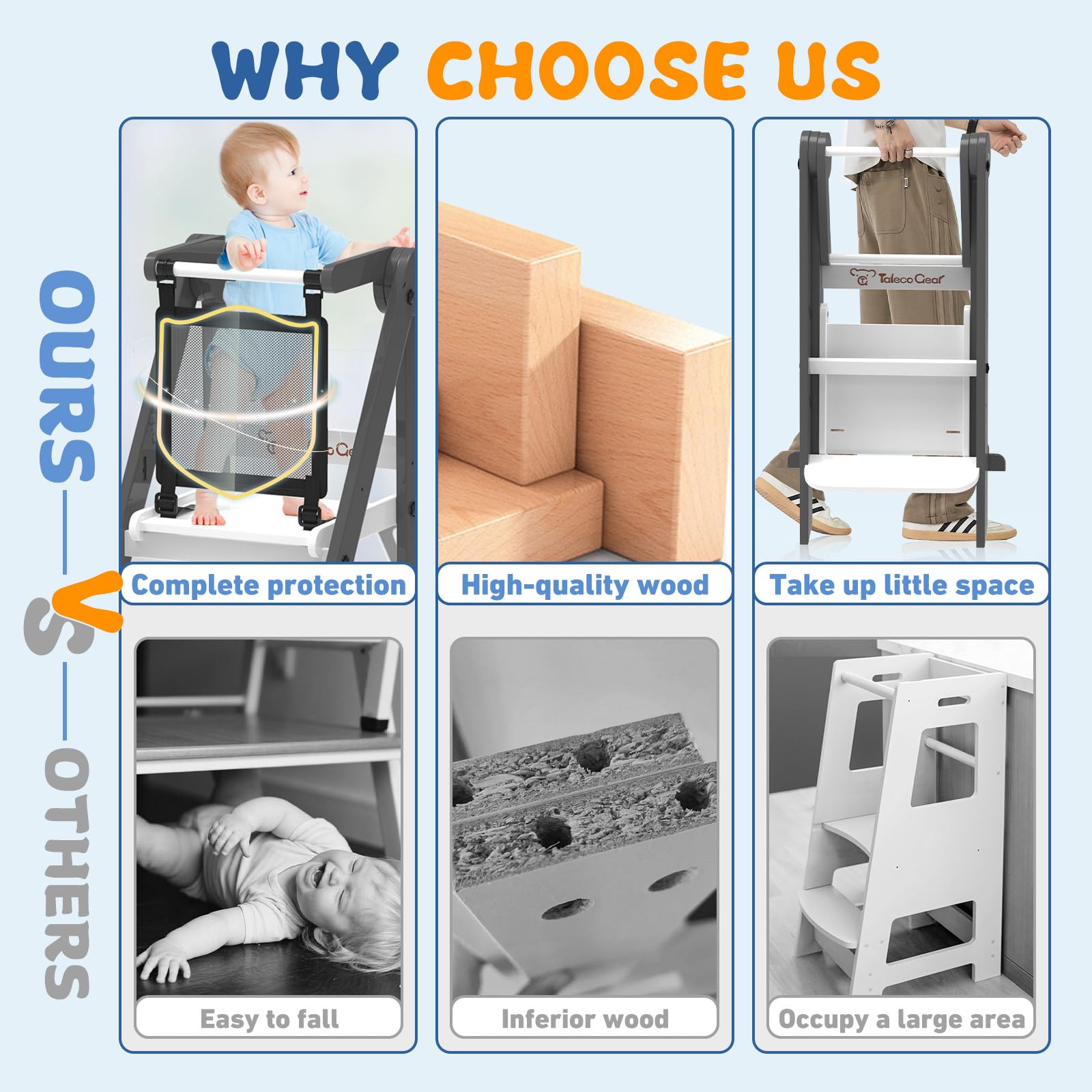 Doerpuz foldable toddler tower wooden legs provide stable support on busy mornings.