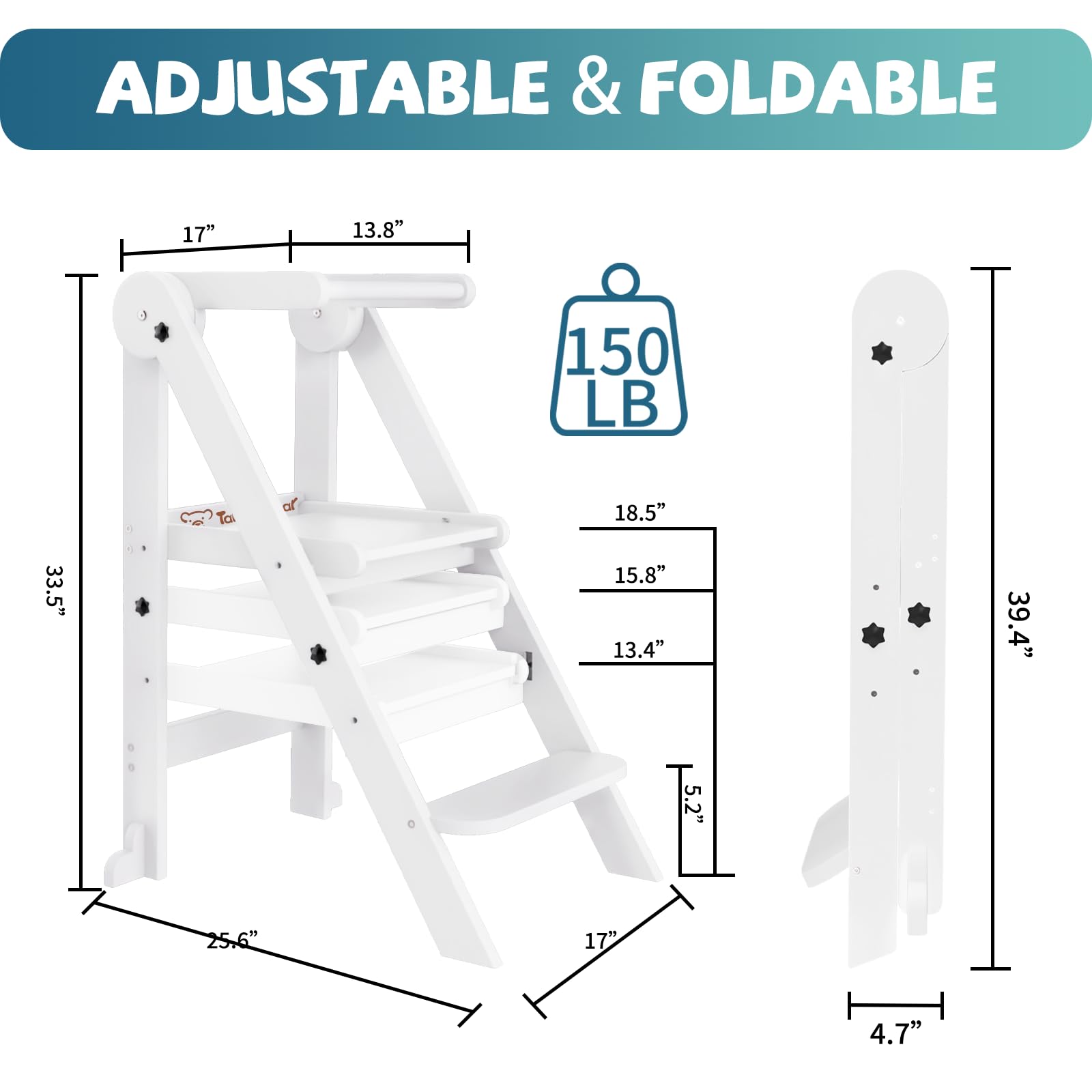 Doerpuz space-saving toddler tower fits small spaces between uses.