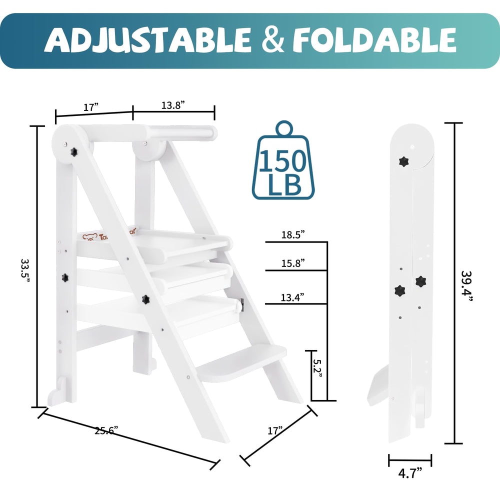 Doerpuz space-saving toddler tower fits small spaces between uses.