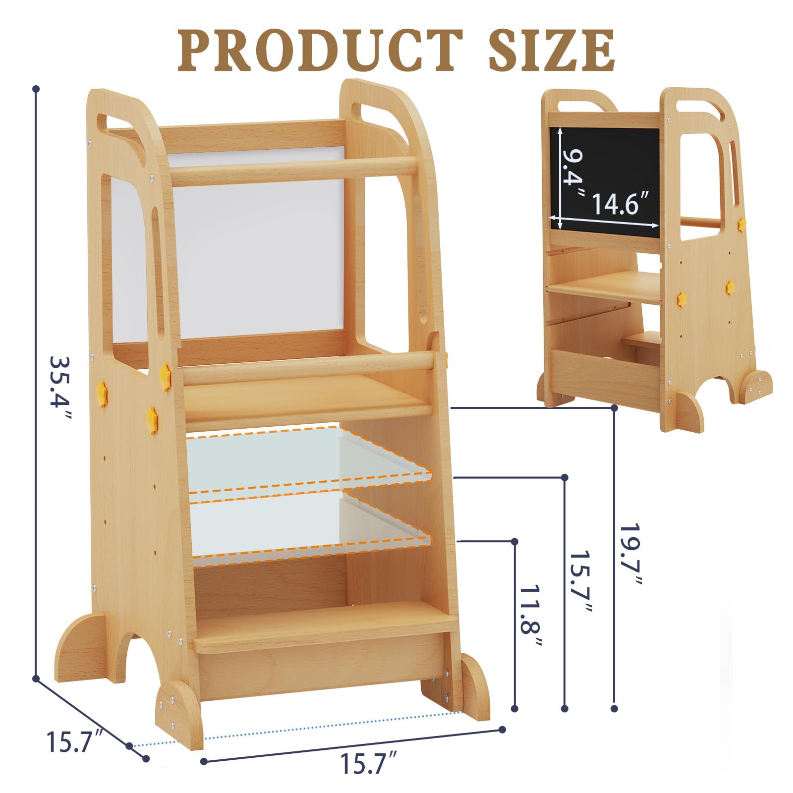 Doerpuz toddler tower adjustable height enables easier access as kids grow.