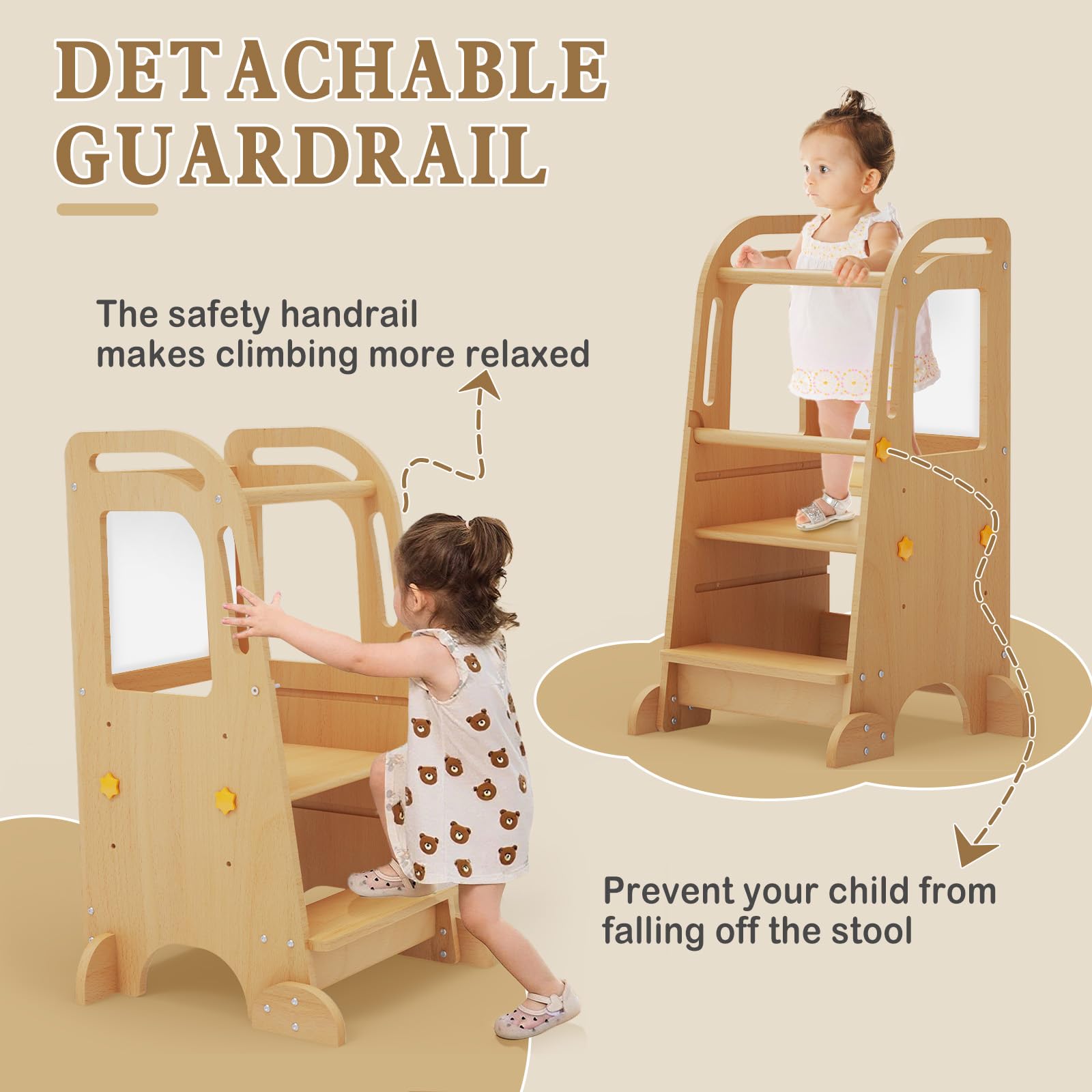 Doerpuz toddler tower anti-slip feet provide stable footing during kitchen tasks.