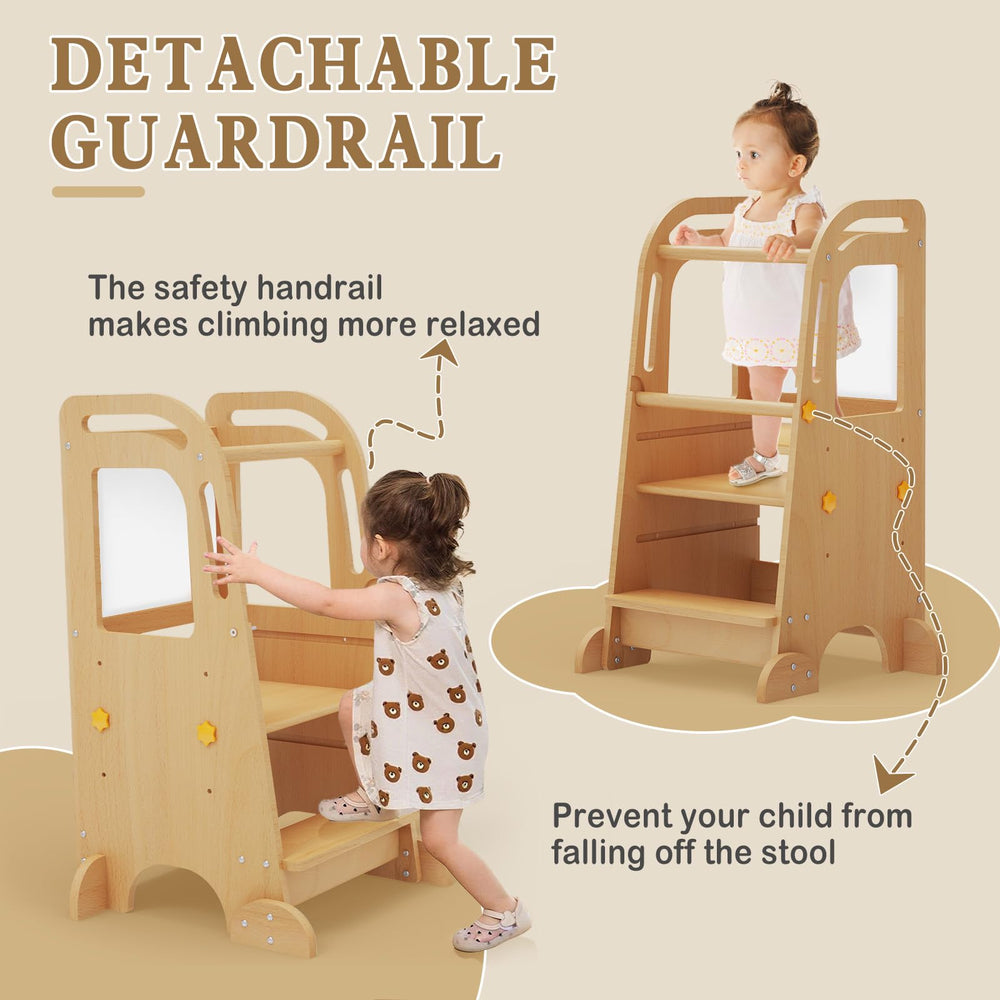 Doerpuz toddler tower anti-slip feet provide stable footing during kitchen tasks.