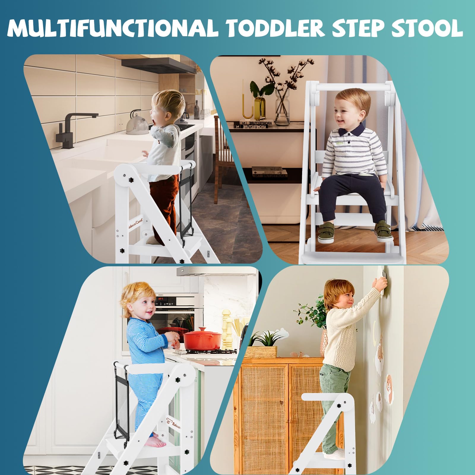 Doerpuz toddler tower features auxiliary foot pads to stabilize on hard floors.