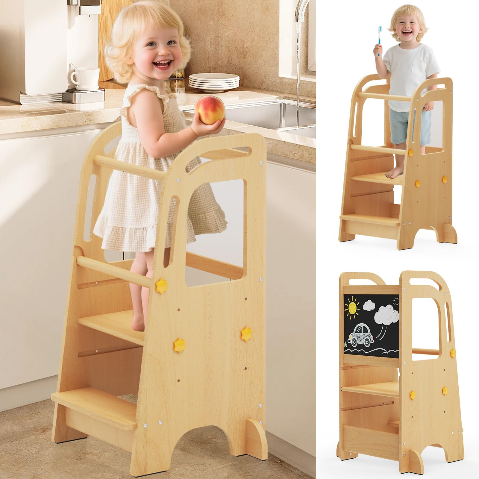 Doerpuz toddler tower chalkboard front view for safe kitchen reach.