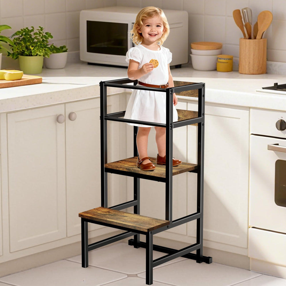Doerpuz toddler tower safety rail supports stable countertop learning.