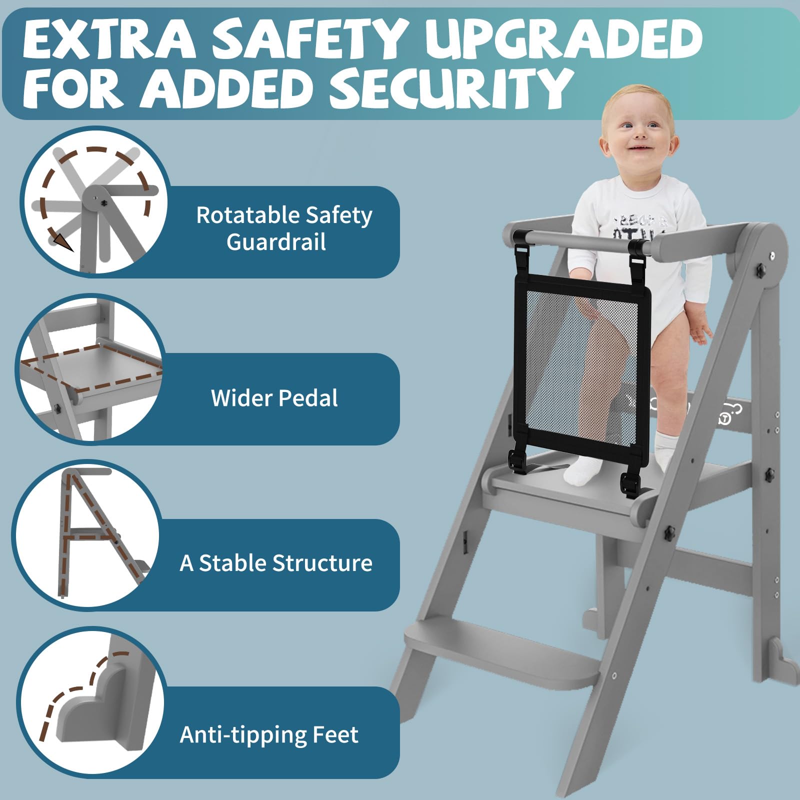 Doerpuz toddler tower stability with auxiliary foot pads