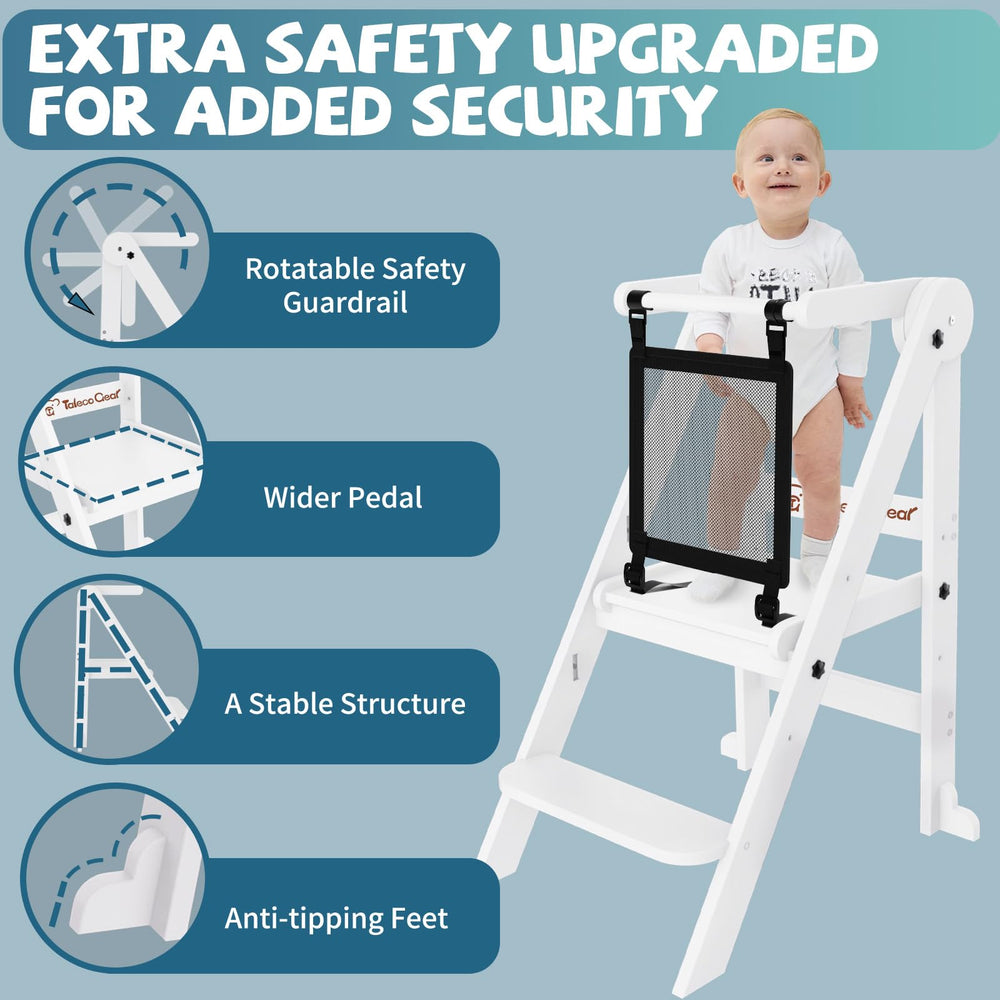 Doerpuz wooden kids stool with safety rails provides a secure kitchen helper.