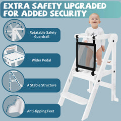 Doerpuz wooden kids stool with safety rails provides a secure kitchen helper.
