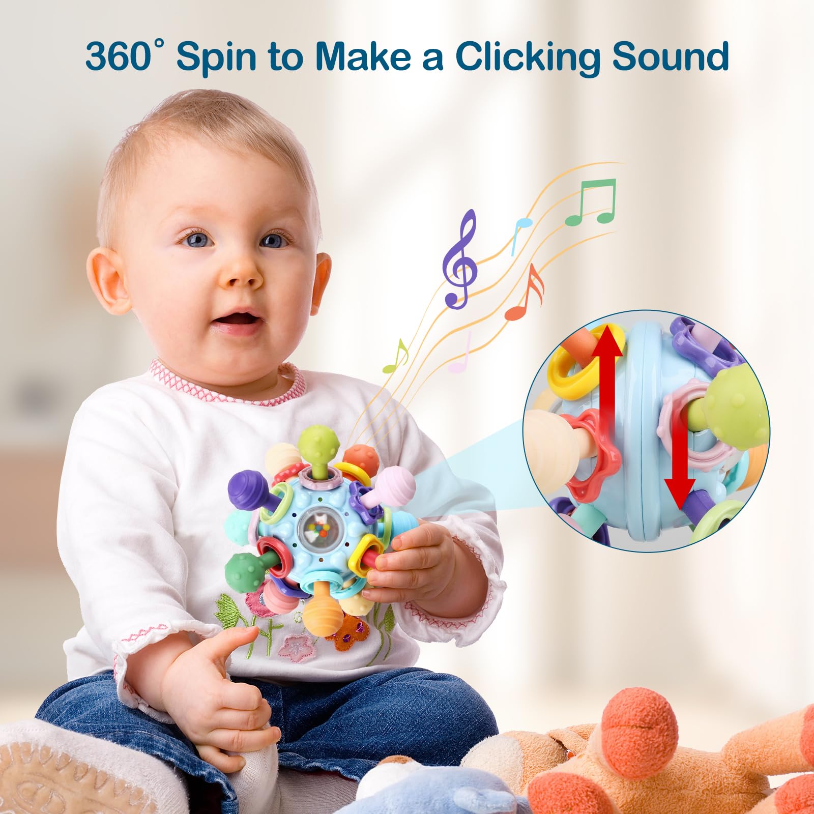 Dofaxgo infant teether half-ball rattle creates dulcet sounds for motor learning.