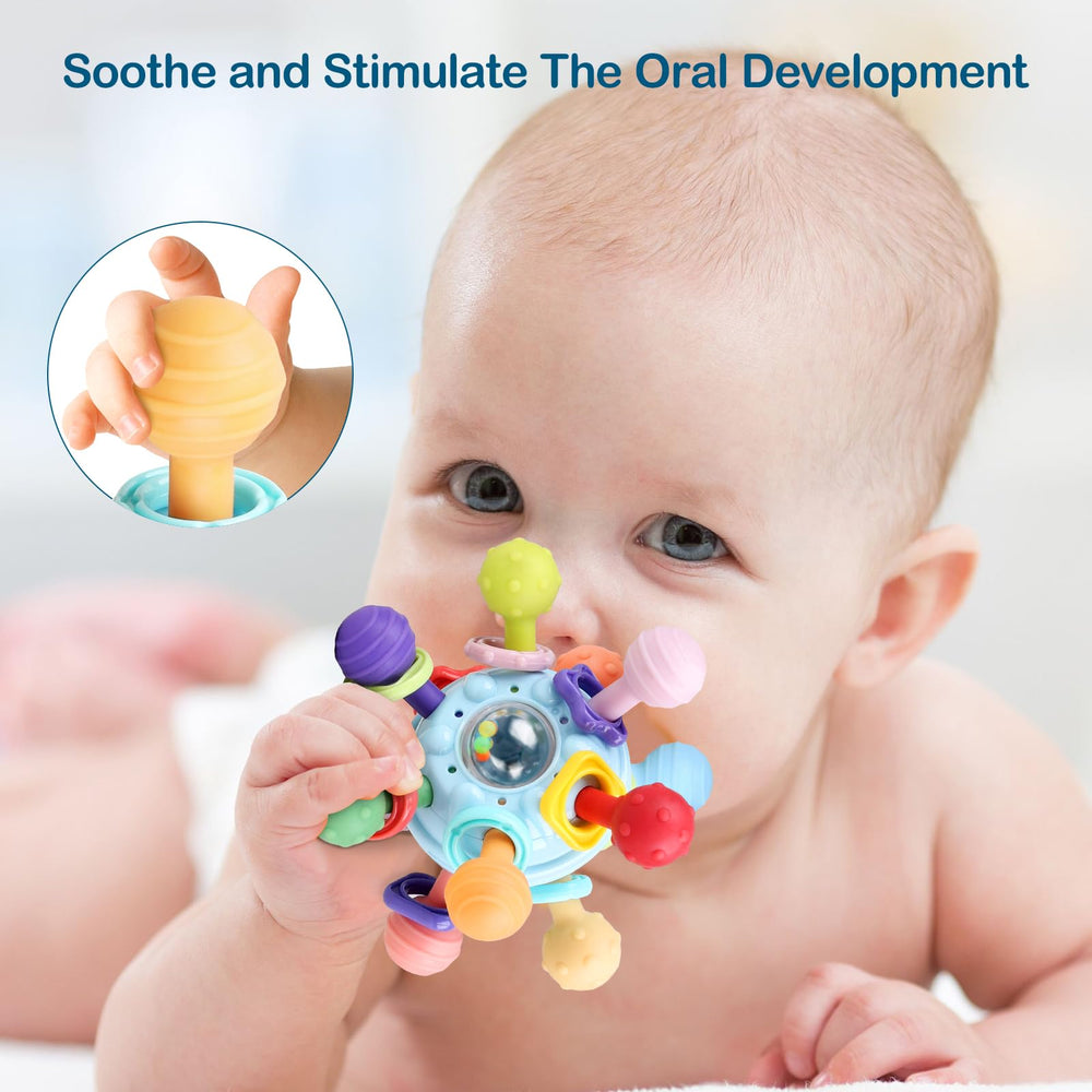 Dofaxgo Montessori teether rattle ring promotes auditory development through play.