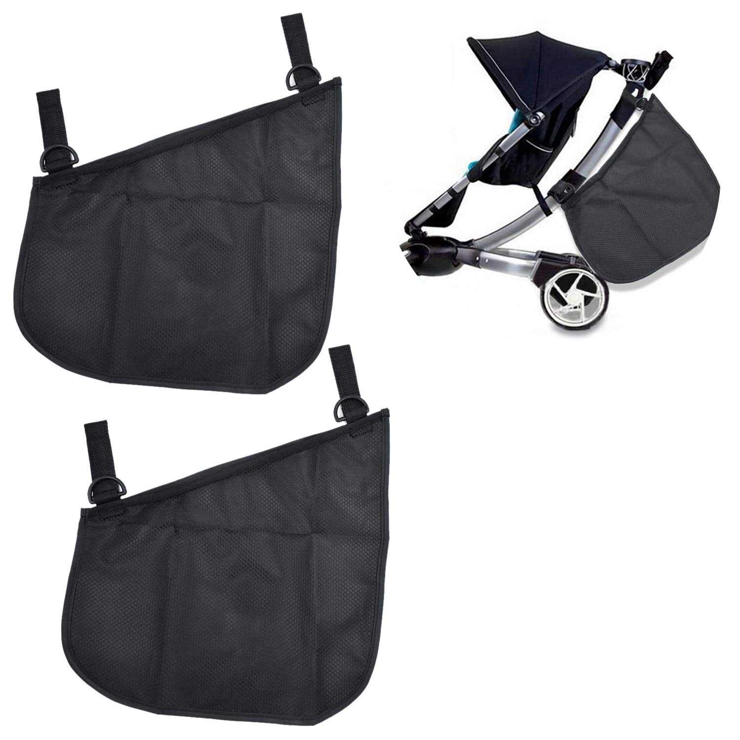 Dogxiong side sling cargo net on stroller left view offers easy-access storage during walks.