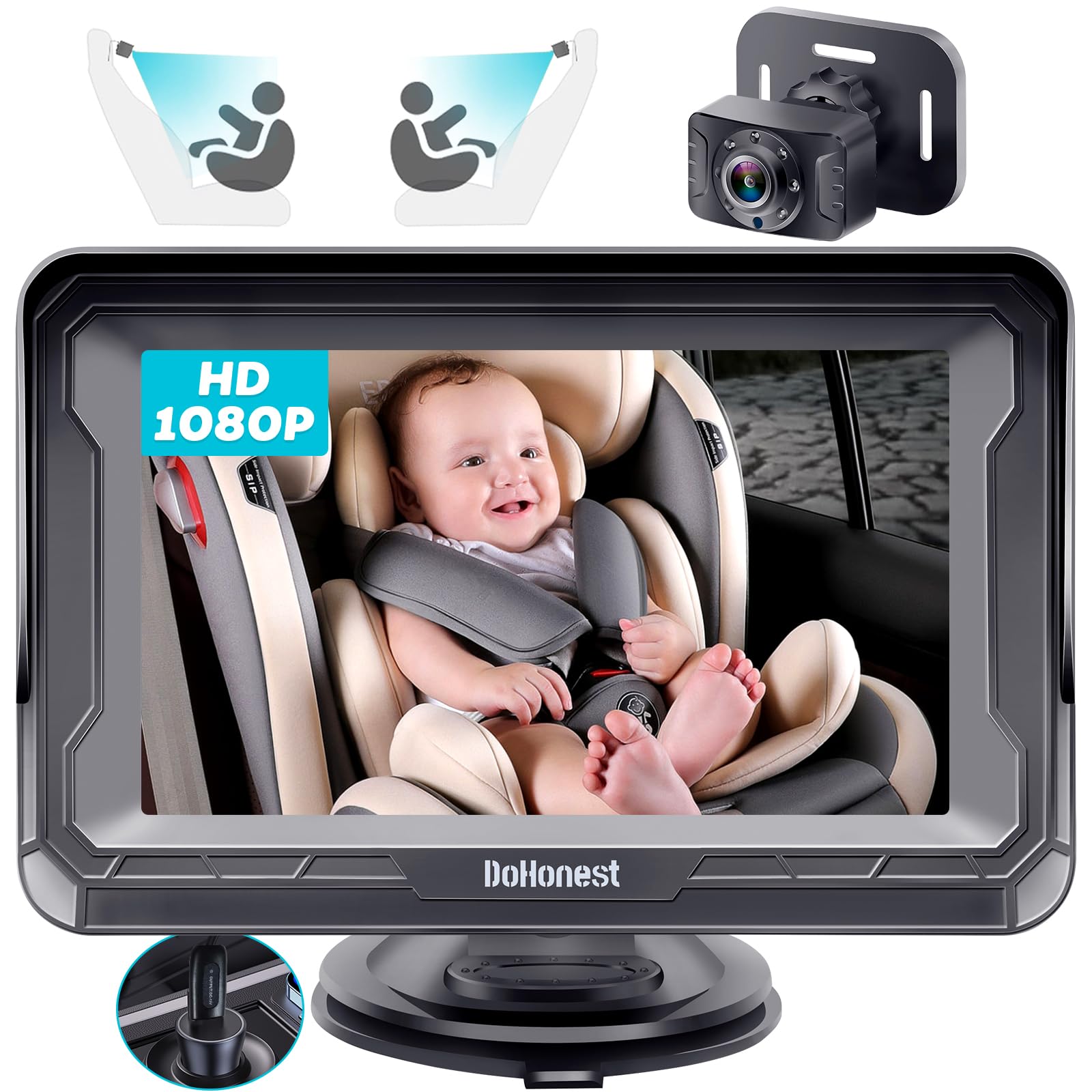 DoHonest baby car camera 1080p-monitor-view for crisp daytime clarity and real-time monitoring.
