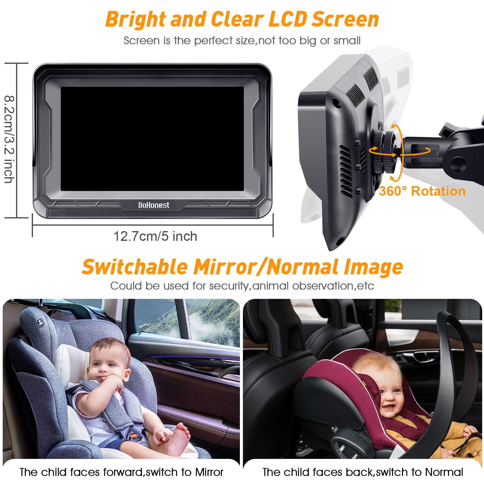 DoHonest baby car camera 360-adjustable-lens lets you tailor angles for seating setup.
