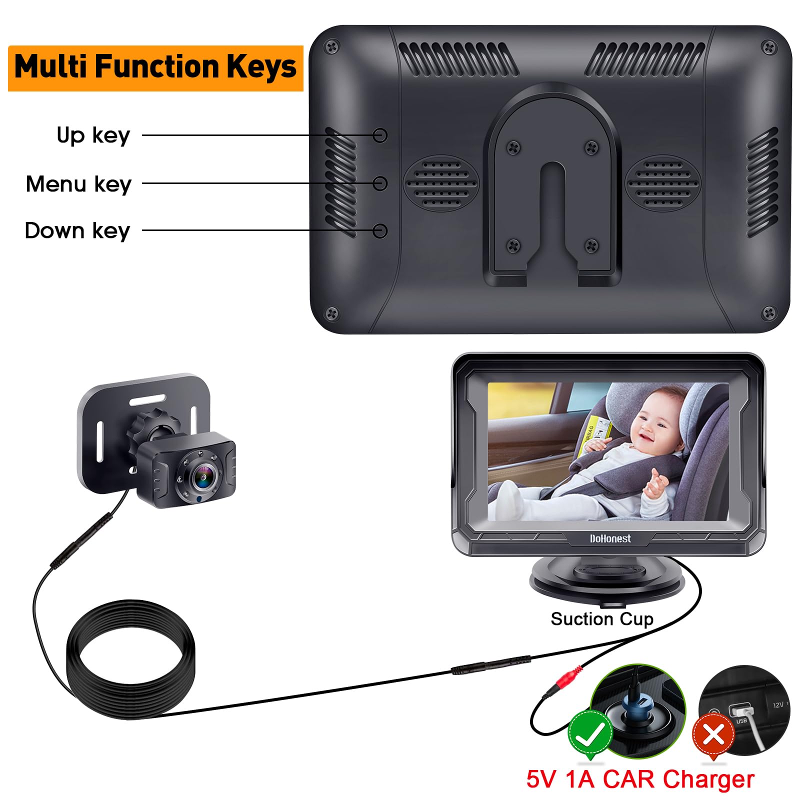 DoHonest baby car camera 4-3-inch-screen fits dashboards without clutter.