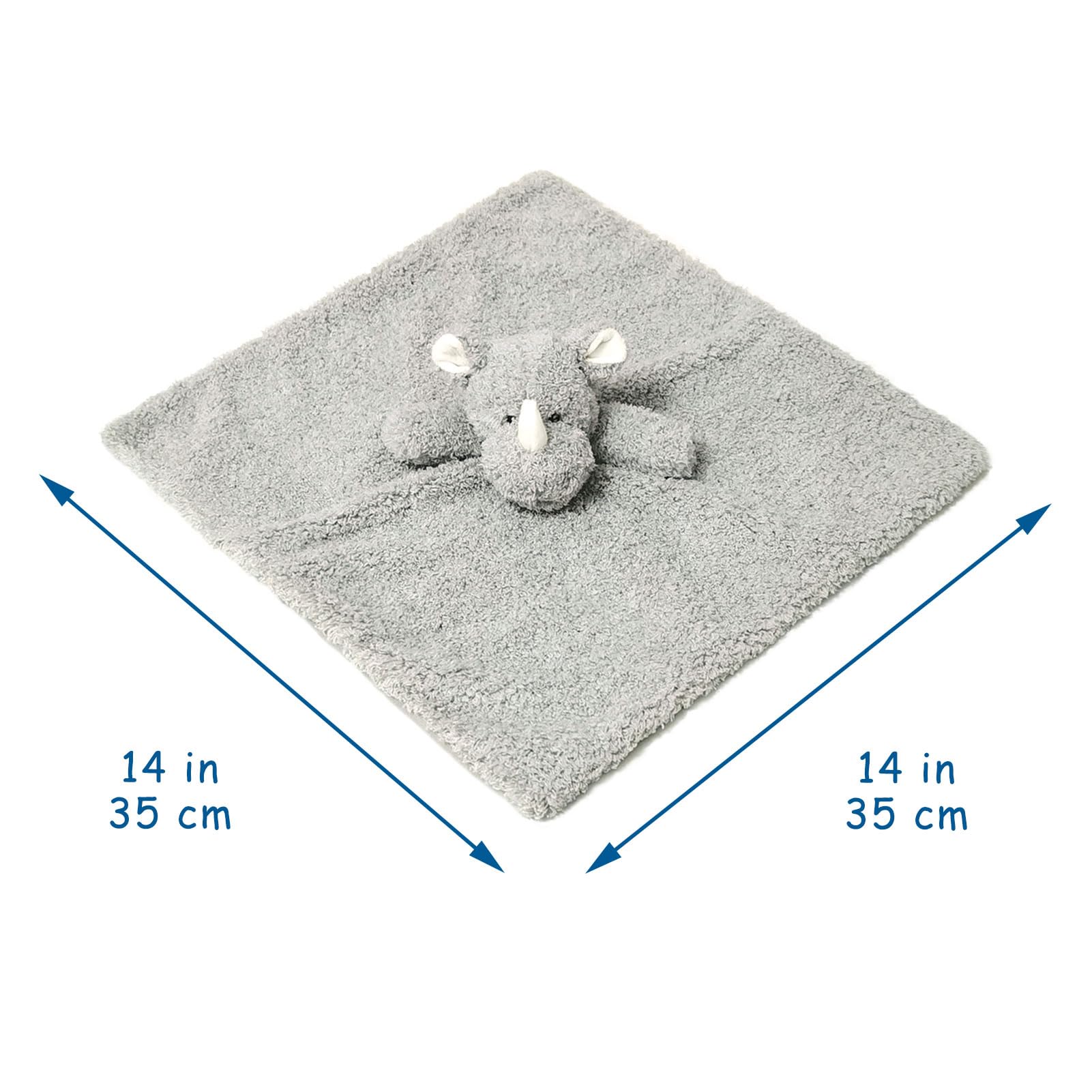 Doindute rhino lovie blanket with embroidered eyes provides safe, calming play before bedtime.