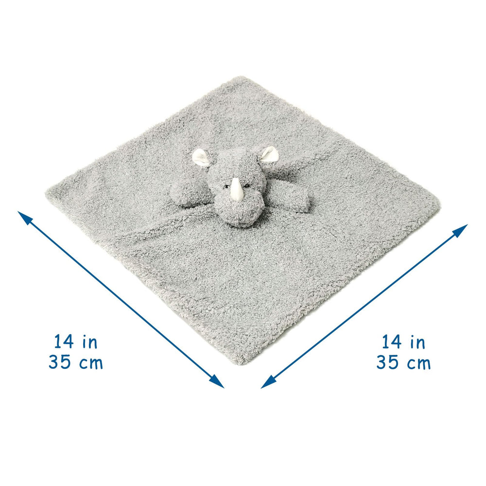 Doindute rhino lovie blanket with embroidered eyes provides safe, calming play before bedtime.
