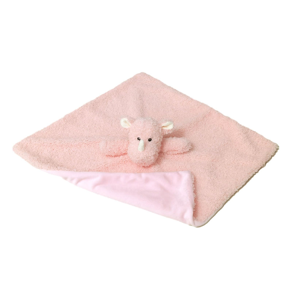 Doindute baby pink rhino lovie blanket rolled for easy grab-and-go comfort.