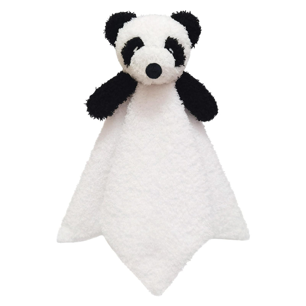 Doindute baby white panda lovey blanket 14in in a cozy nursery setting for nap time.