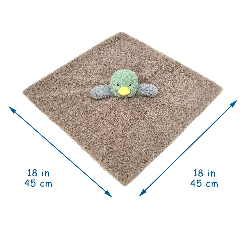 Doindute duck lovey closeup showing embroidered eyes and nose for safe, friendly expression.