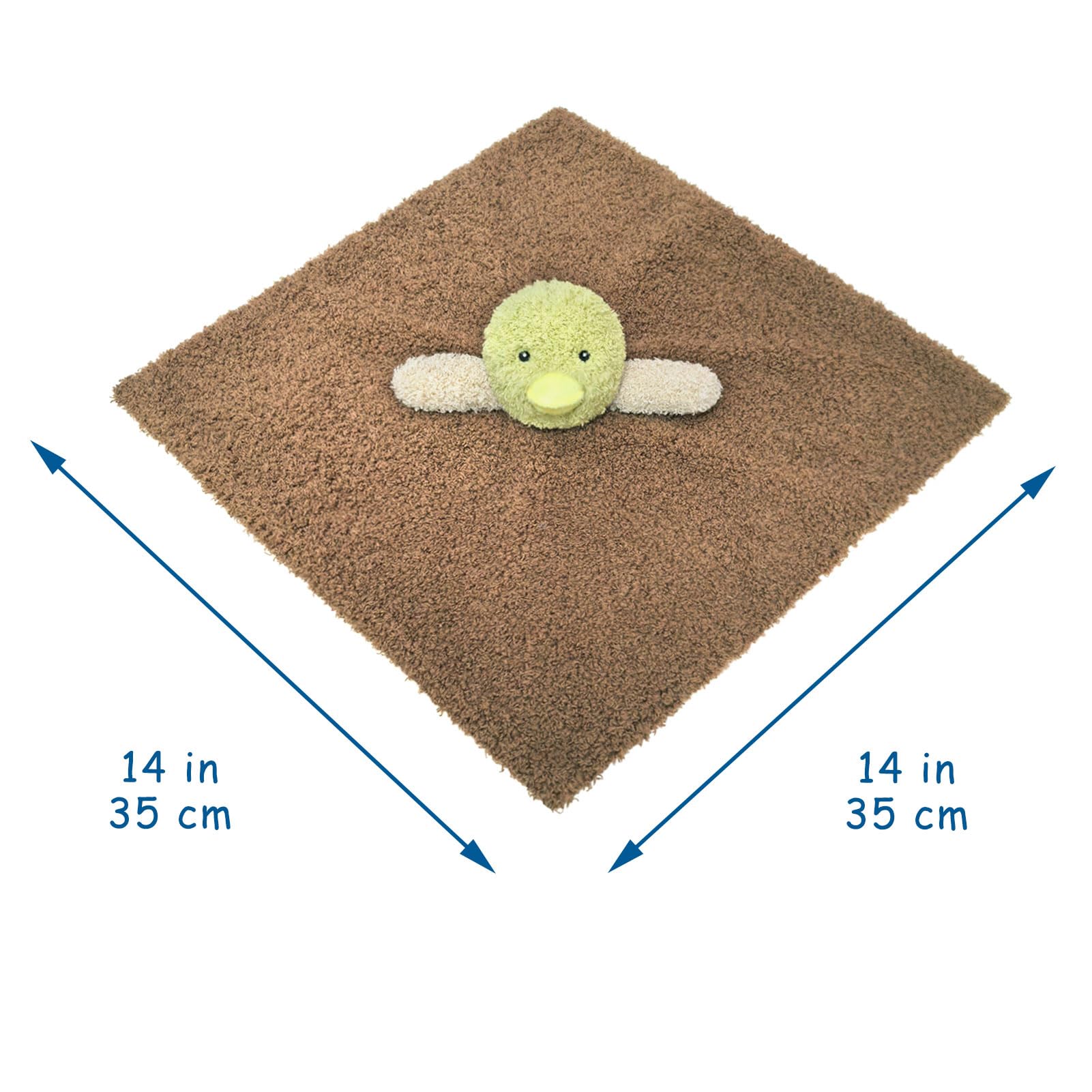 Doindute plush green duck character provides a soft grip target to support early motor skills.