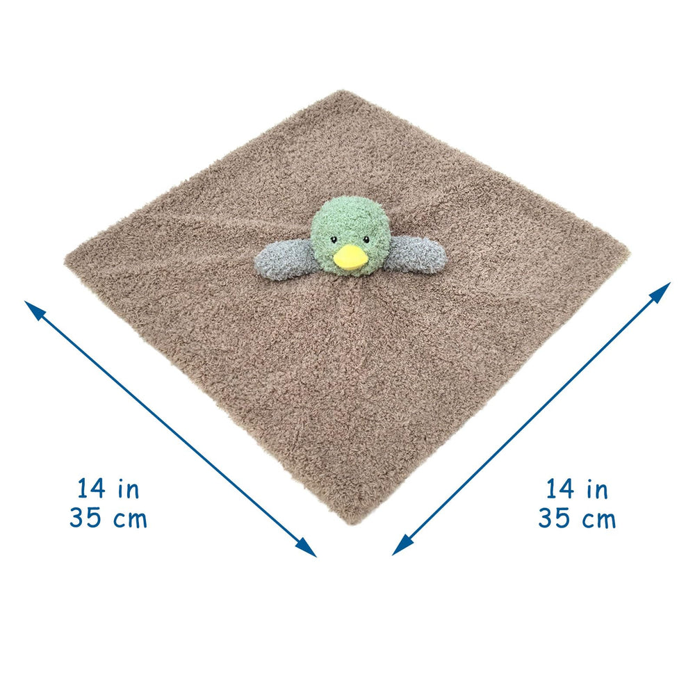 Doindute plush green duck character close-up highlights embroidered eyes for safe, soft play.