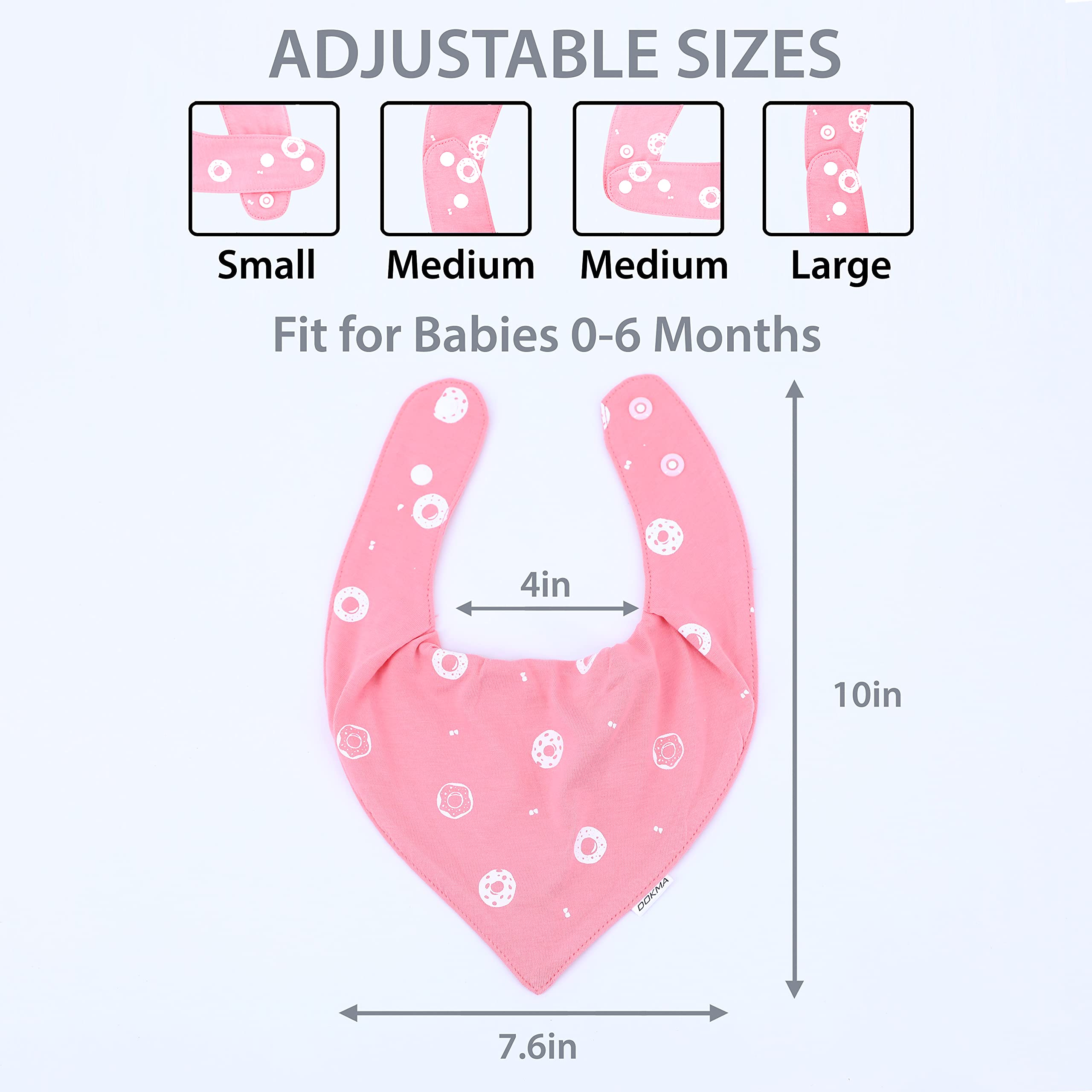 DOKMA bandana bib adjustable snaps demonstrate comfy fit for growing babies.