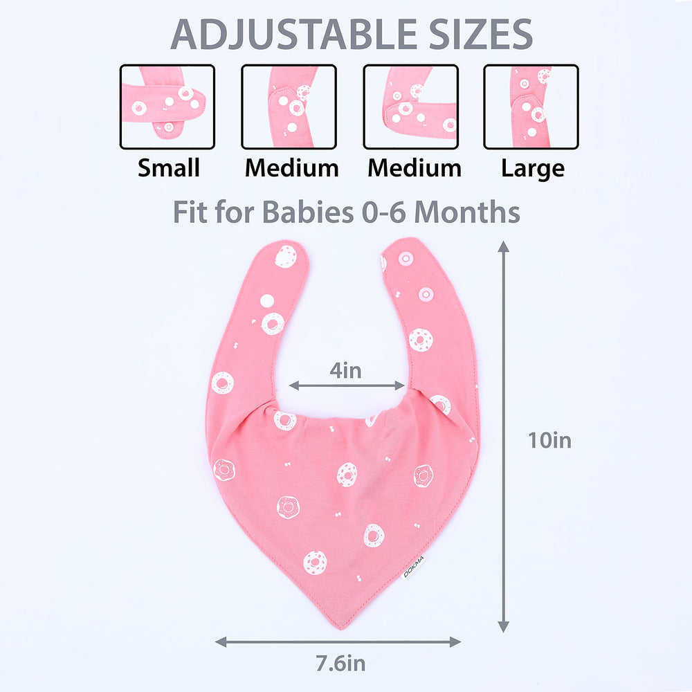 DOKMA bandana bib adjustable snaps demonstrate comfy fit for growing babies.