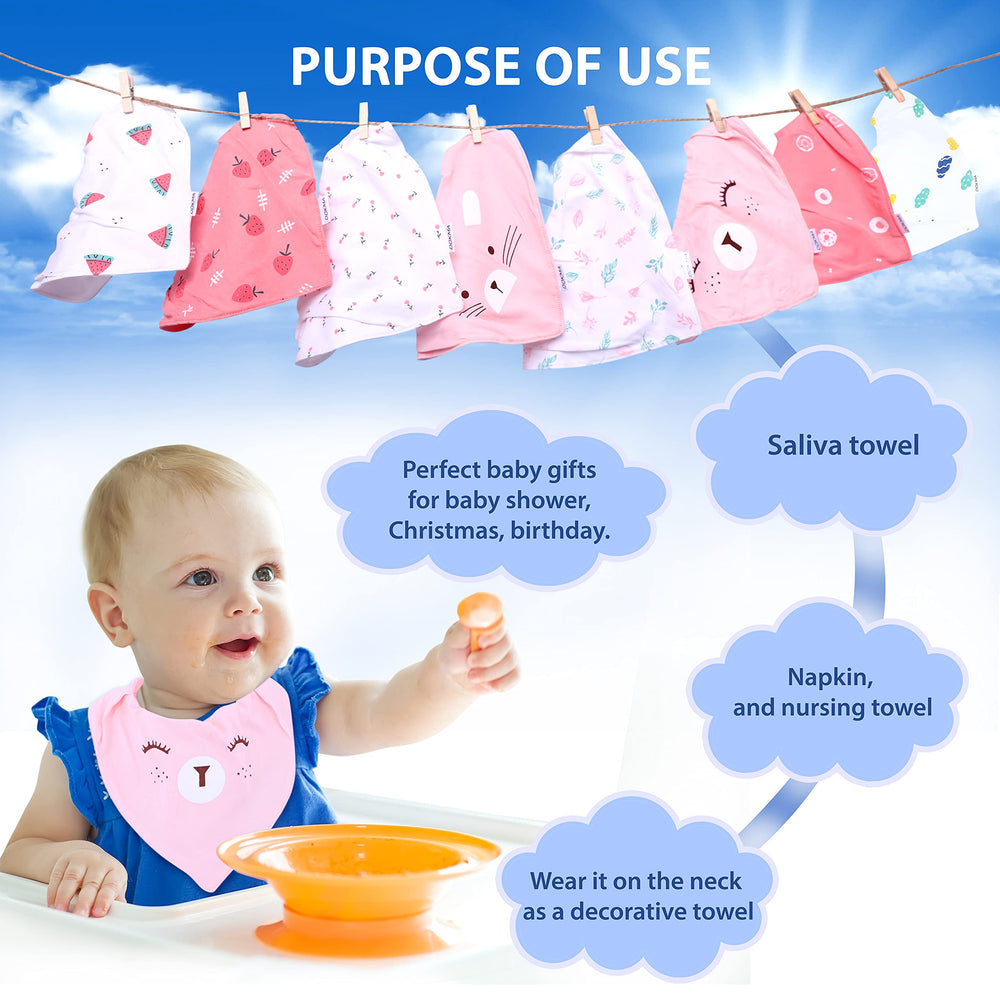 DOKMA bandana bib no-scratch fabric shown suitable for newborns and toddlers.