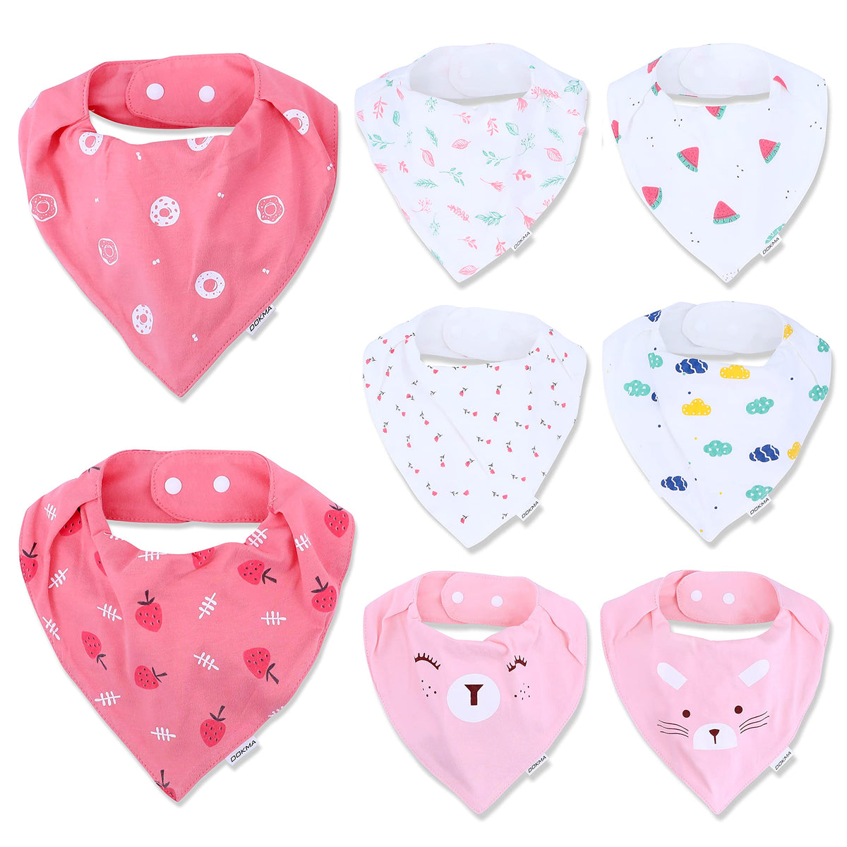 DOKMA bandana bib pink-white set closeup highlights soft organic cotton for sensitive skin.