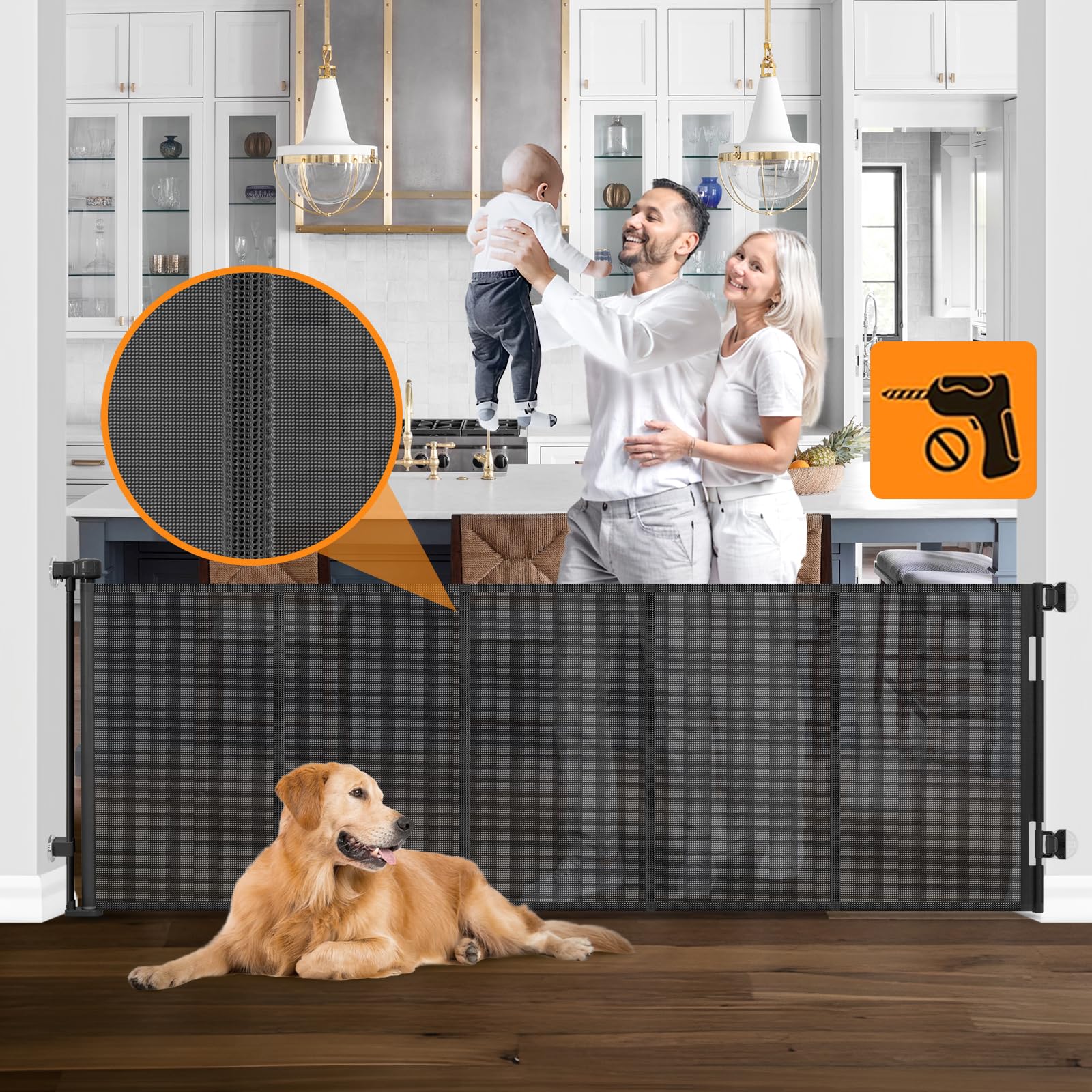 Doktorbaby reinforced no-drill gate wide closed shows a secure doorway barrier for kids and pets.