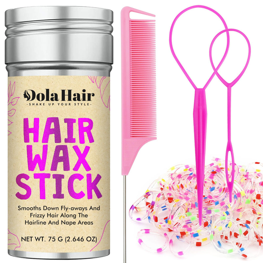 Dolahair hair wax stick close-up showing silky hold for sleek styles.