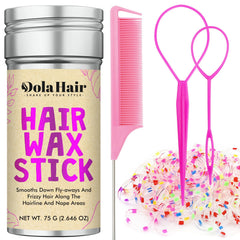 Dolahair hair wax stick close-up showing silky hold for sleek styles.