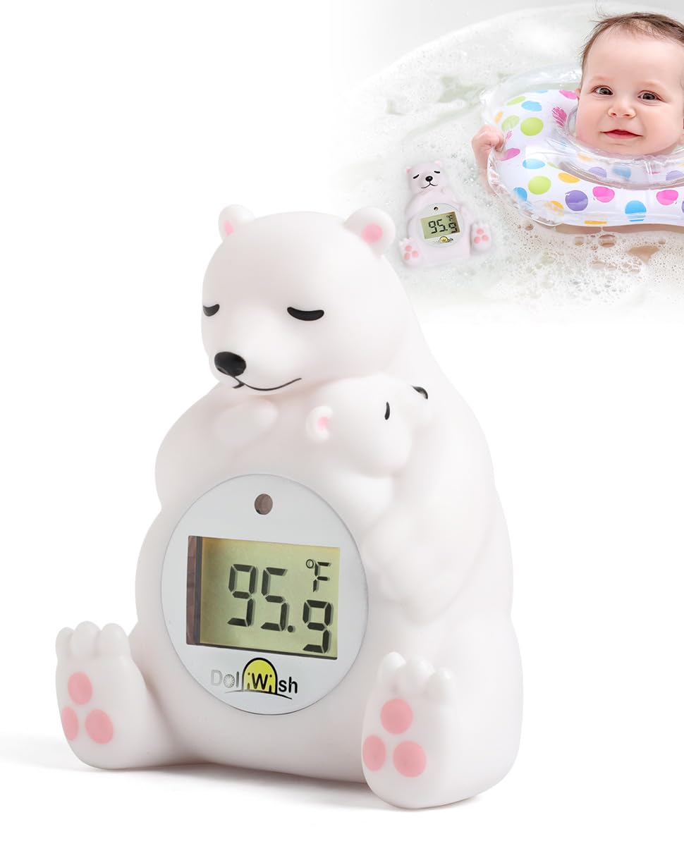 DoliWish polar bear bath thermometer floats in water, showing temperature.