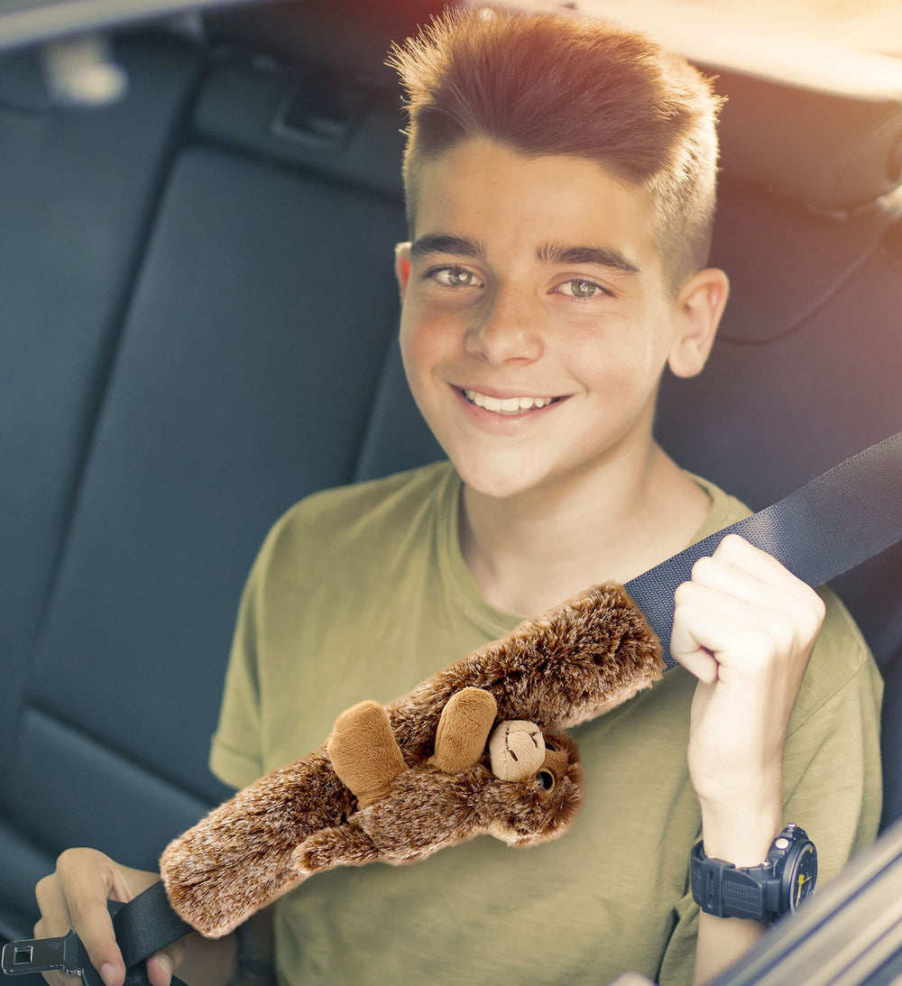DolliBu brown monkey seatbelt cover with hook-and-loop attachment for easy transfer