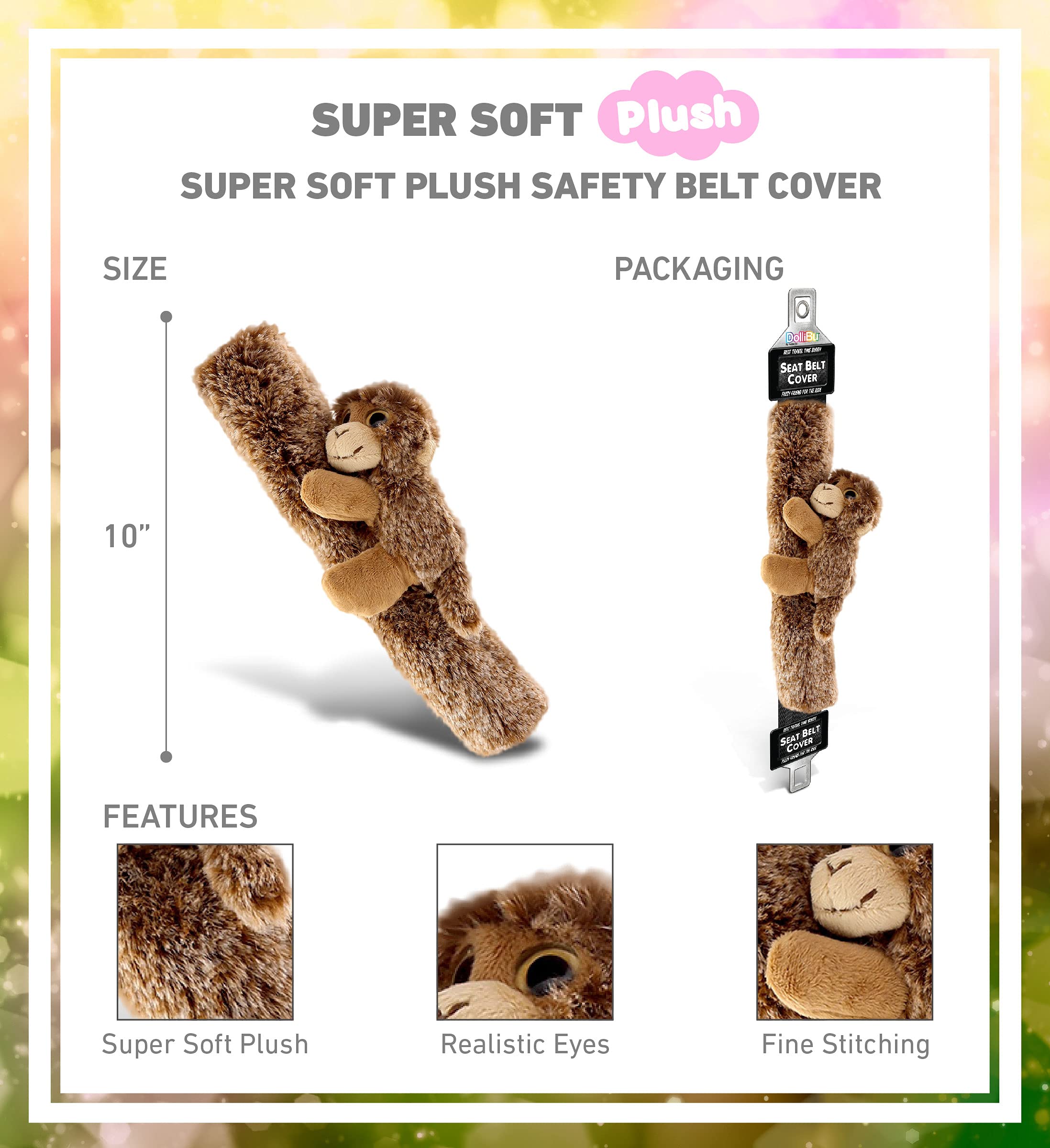 DolliBu brown monkey seatbelt cover in-car use demonstrates travel-friendly comfort