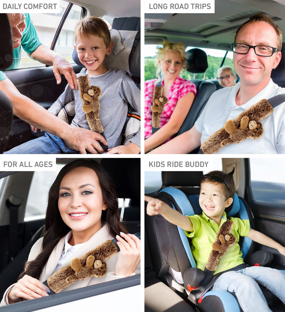 DolliBu brown monkey seatbelt cover close-up of removed padding for easy cleaning