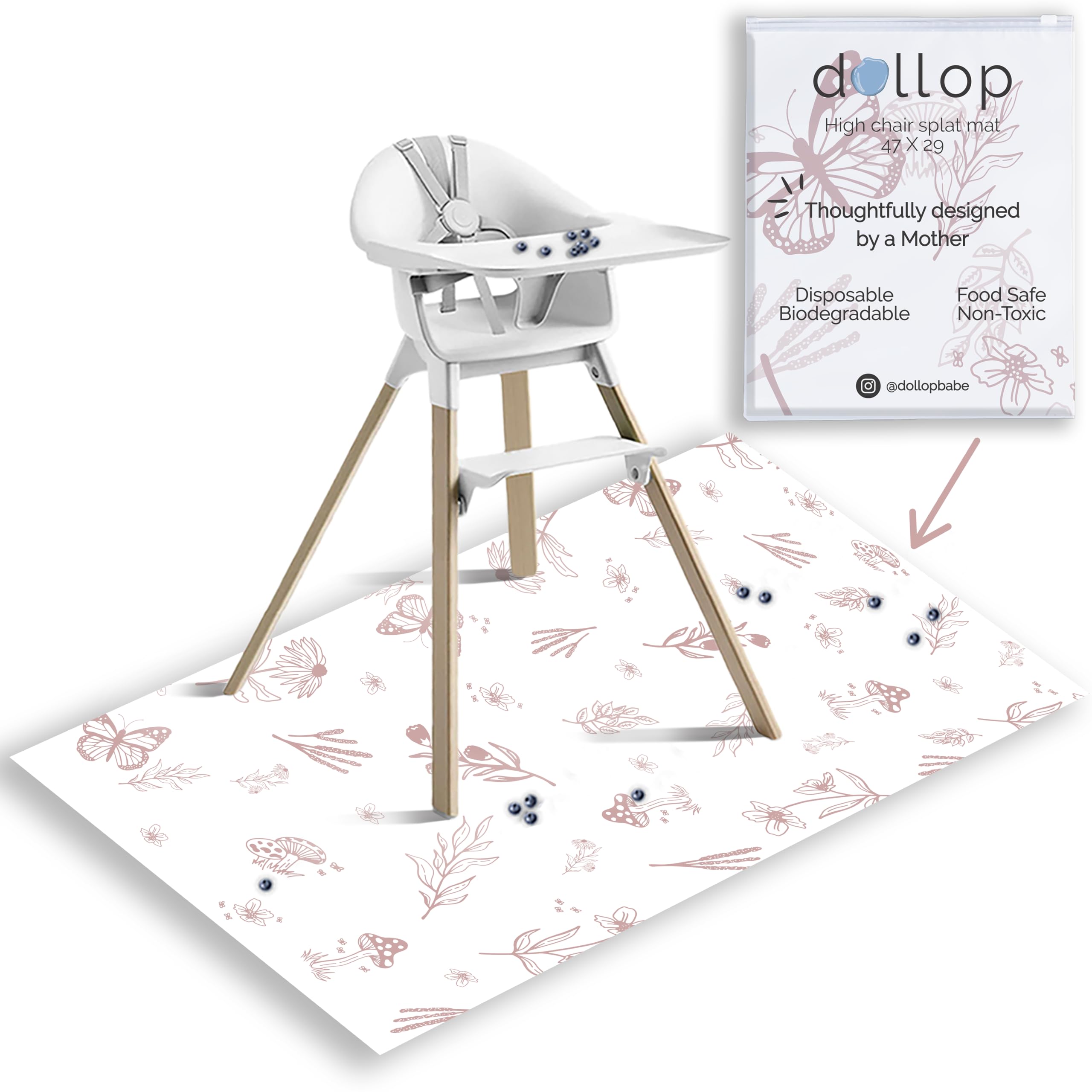 Dollop Food Catcher Mat under highchair provides full coverage to keep floors clean