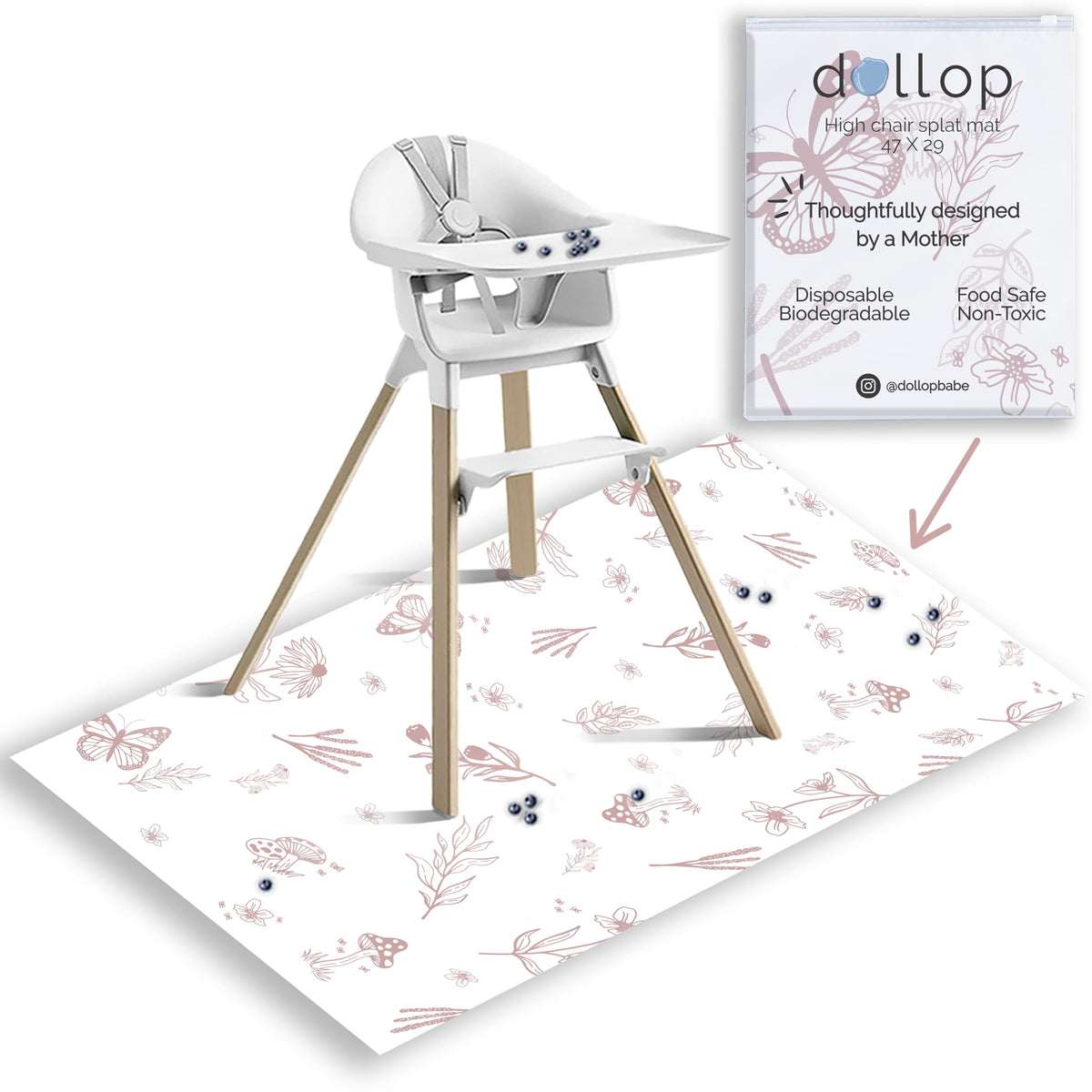 Dollop Food Catcher Mat under highchair provides full coverage to keep floors clean