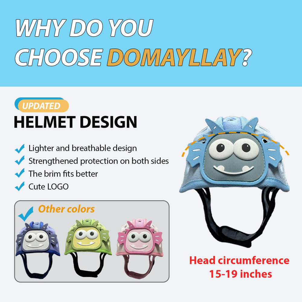 Domayllay Dino Light Blue adjustable strap image emphasizing secure fit for 1–2 year olds