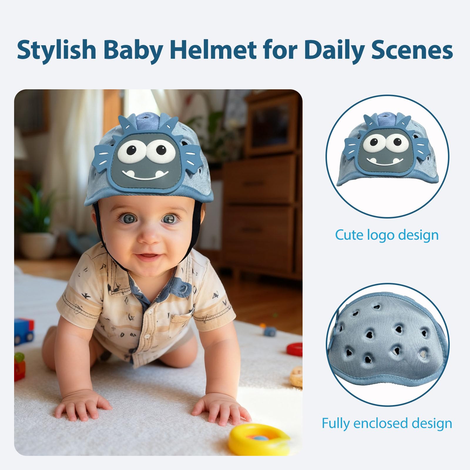 Domayllay Dino Light Blue helmet side view highlighting adjustable strap for growing toddlers