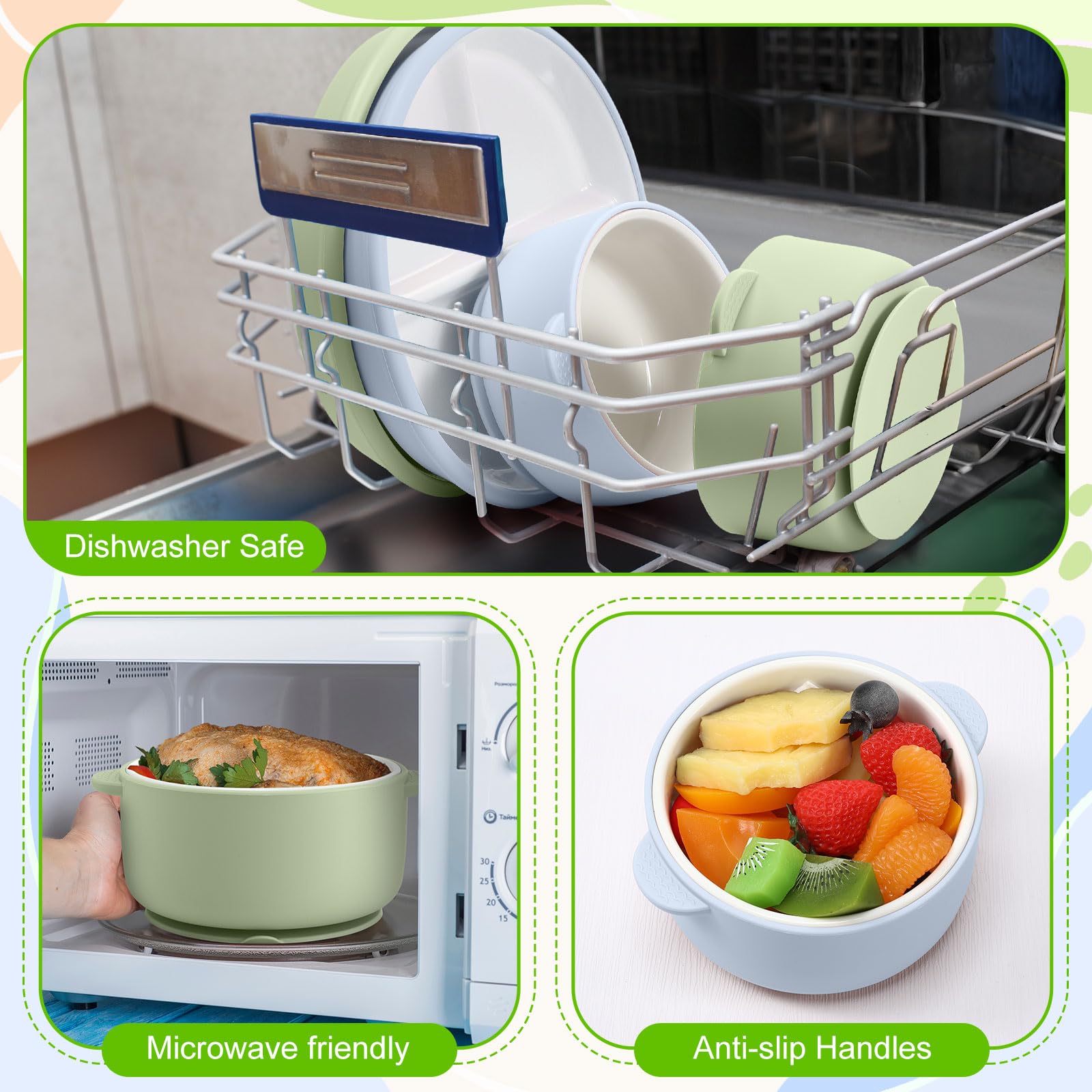 Domensi anti-slip silicone sleeve bowls help reduce mess and keep bowls in place.