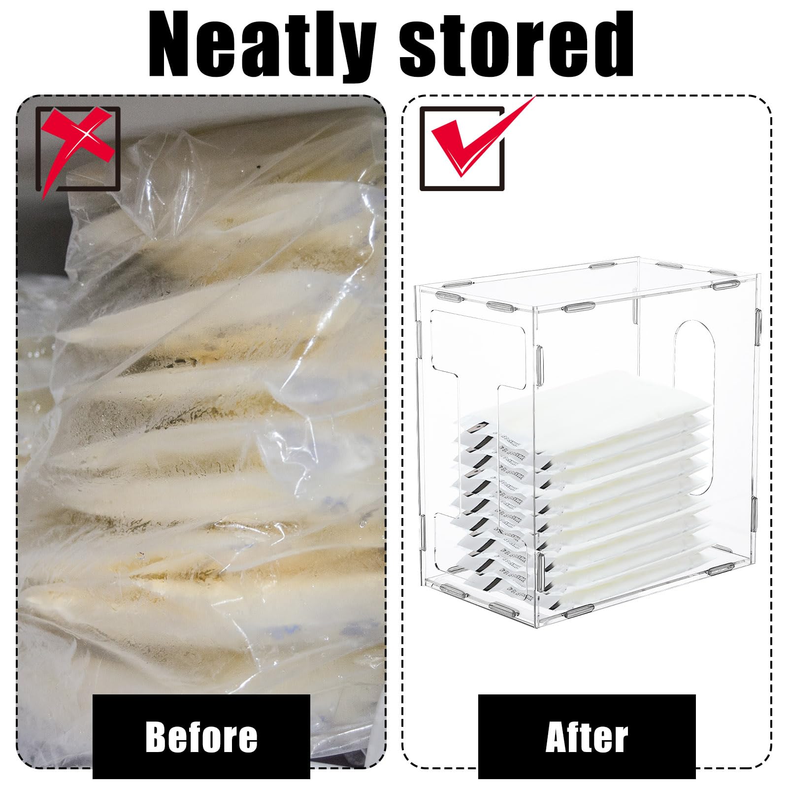 Domensi breast milk storage tower bottom pull-out simplifies removing bags.